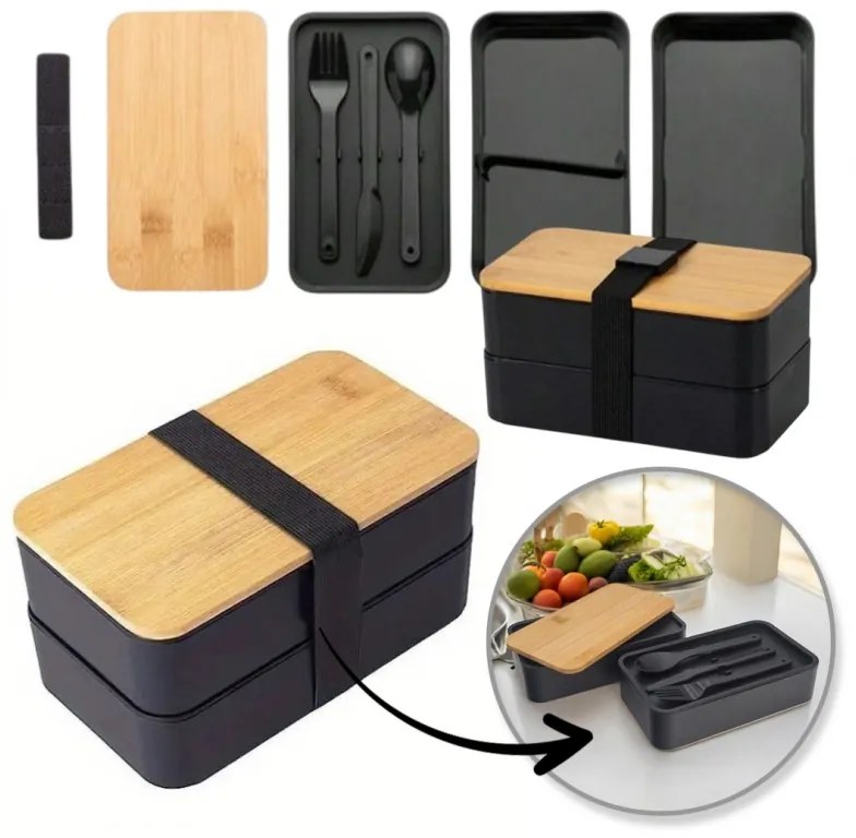 Cutie de pranz DUO LUNCH cu tacamuri, negru/bambus