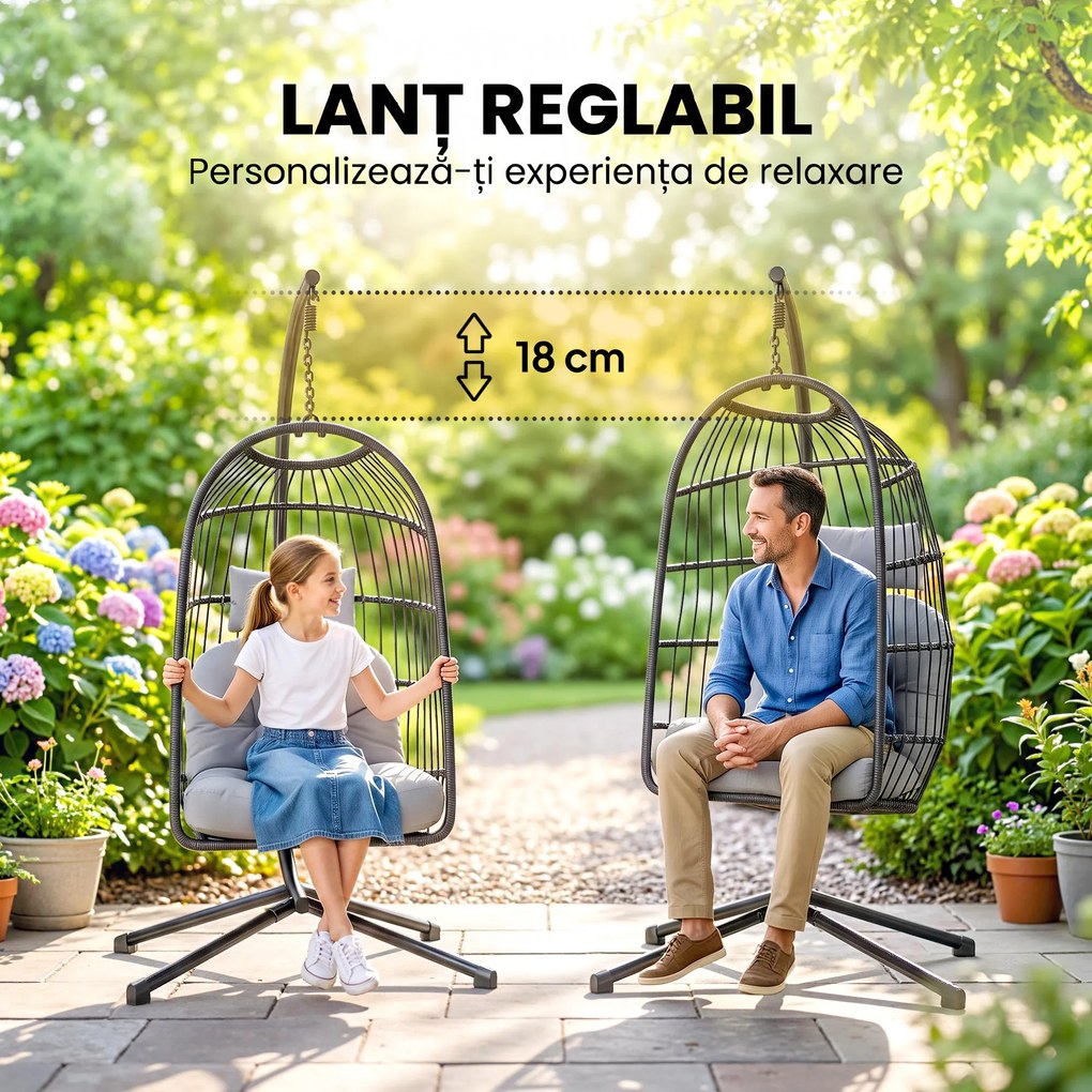 Outsunny Scaun Suspendat Tip Ou, Leagăn pentru Exterior cu Suport și Centură de Siguranță, Negru/Gri Deschis | Aosom Romania