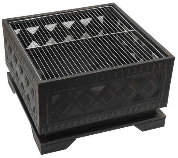 Vatră portabilă pe lemn cu grătar neagră/patină