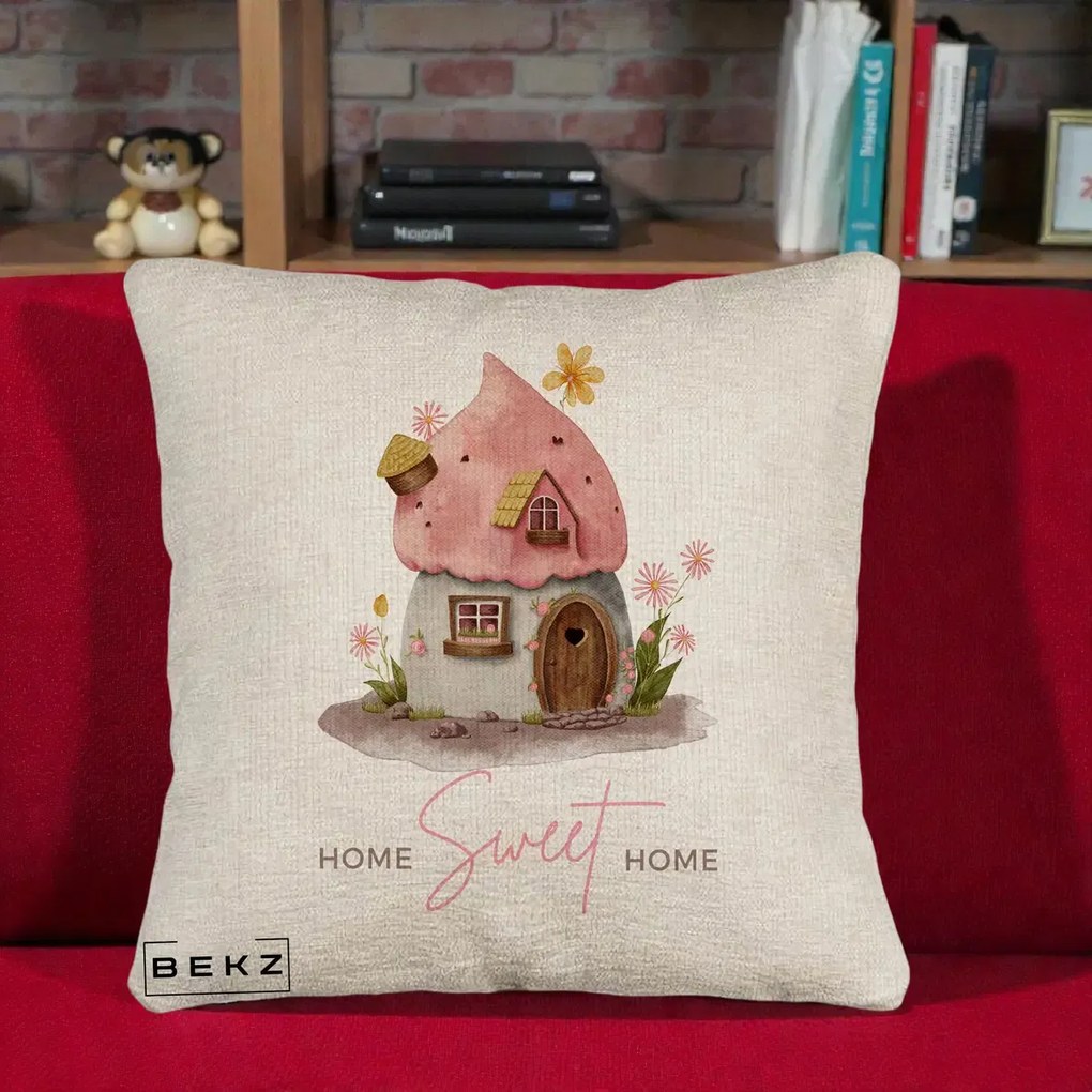 Perna Decorativa Home Sweet Home Casuta, 40x40 cm, Bej Canapea, Husa Detasabila, Perna Inclusa, BEKZ®