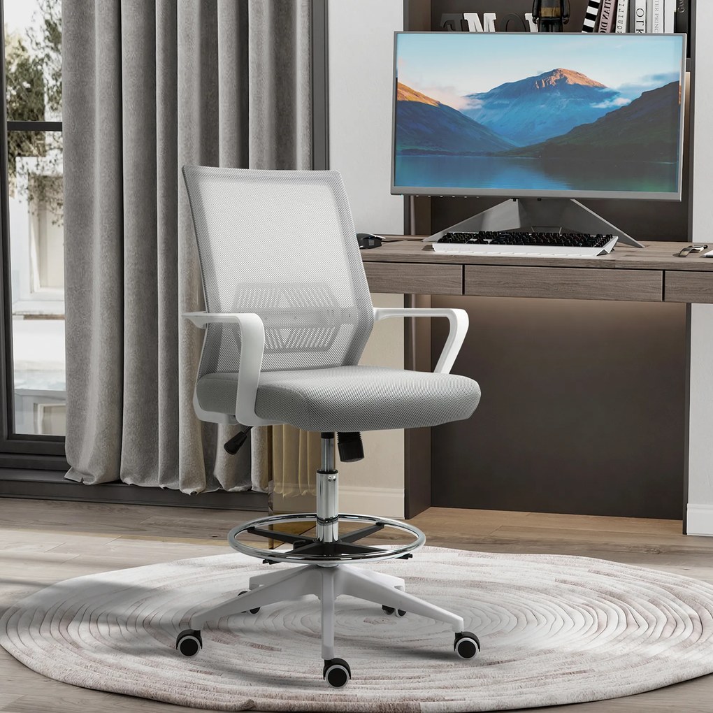 Vinsetto Scaun birou cu șezut înalt reglabil, pivotant 360°, plasă respirabilă, gri/alb, 64x59x104-124 cm | Aosom Romania