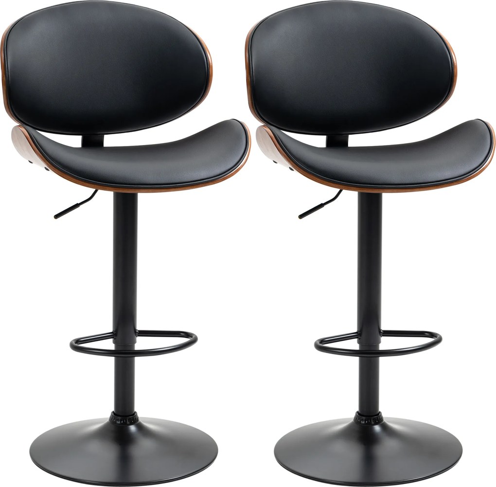 HOMCOM Set de 2 Scaune de Bar cu Spătar Reglabil pe Înălțime, Lemn și Piele Ecologică, 53x52x92-112 cm, Negru | Aosom Romania