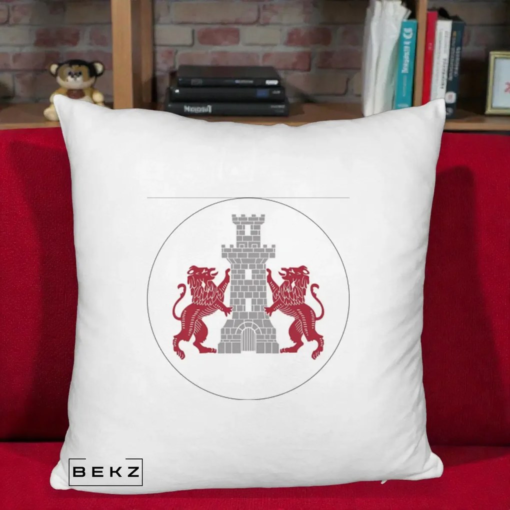 Perna Personalizata Cetatea Turnu Magurele Heraldic, 40x40 cm, Alb Pufos, Husa Detasabila, Perna Inclusa, BEKZ®