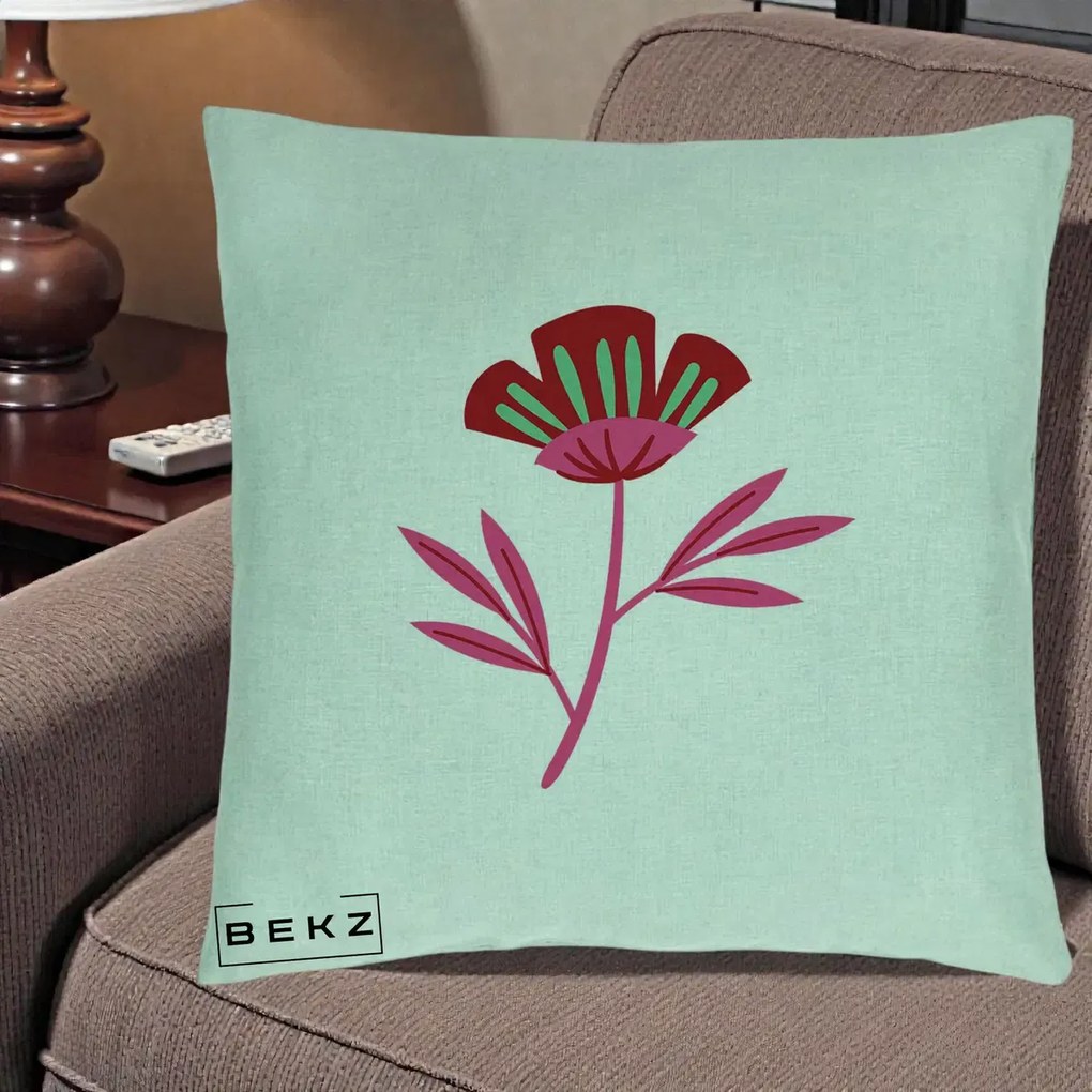 Perna Decorativa Floare Macul Roz-Rosu Grafic, 40x40 cm, Verde Menta, Husa Detasabila, Perna Inclusa, BEKZ®