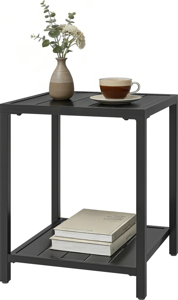 Outsunny Măsuță laterală 45 x 45 cm, rezistentă la intemperii, masă de grădină cu design cu lamele, raft, picioare reglabile, suport 30 kg | Aosom Romania