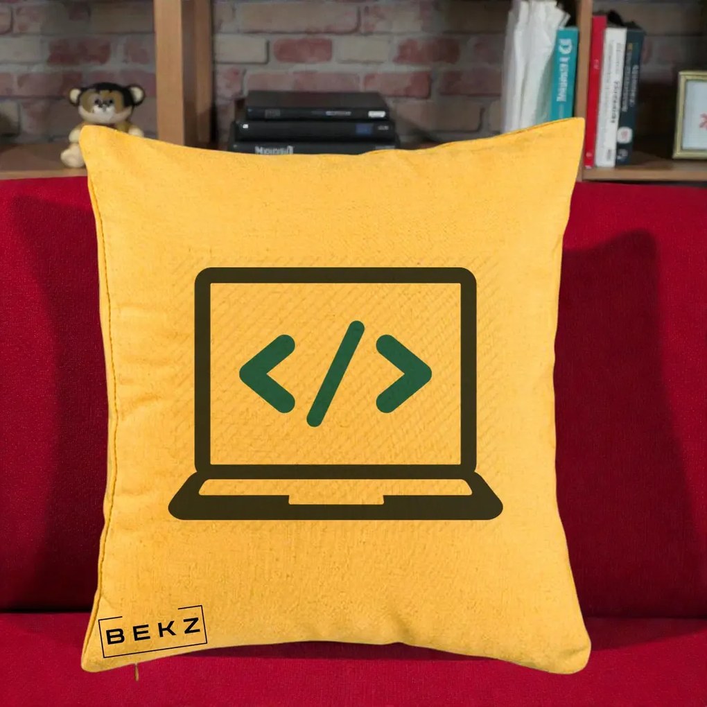 Perna Personalizata Laptop Cod HTML, 40x40 cm, Galben, Husa Detasabila, Perna Inclusa, BEKZ®