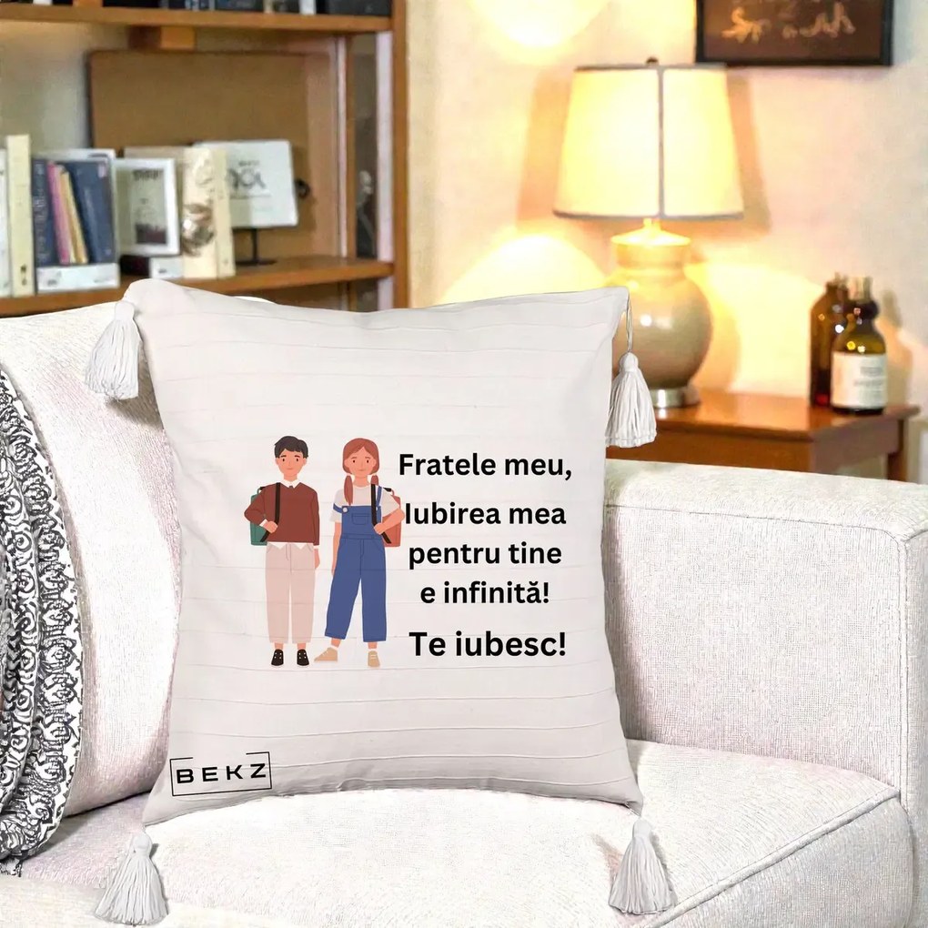 Cadou pentru Frate - Perna Personalizata Fratele Meu Te Iubesc Elevi Ilustratie Colorata, 40x40 cm, Bej cu Franjuri, Husa Detasabila, Perna Inclusa, BEKZ®