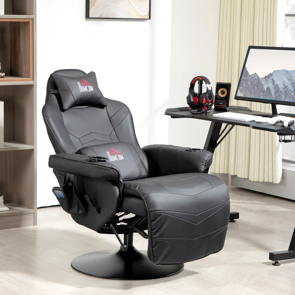 HOMCOM Fotoliu de gaming, Funcție de masaj, Spătar reglabil, Suport pentru picioare, până la 120 kg, Cadru din oțel, Piele ecologică, Negru | Aosom Romania