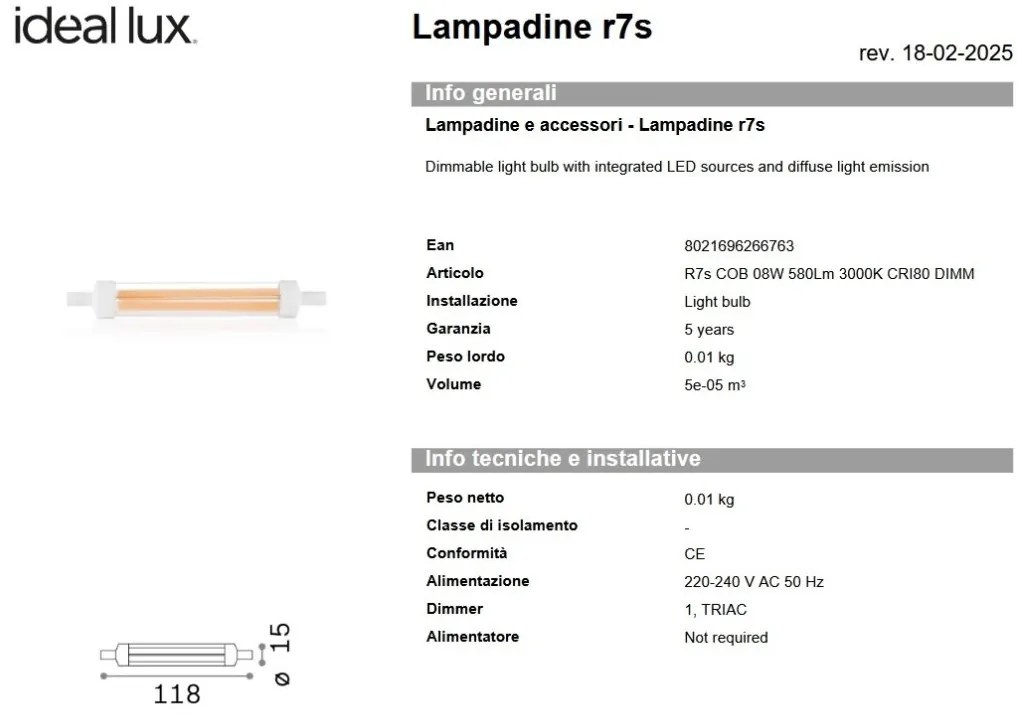 Bec LED dimabil, R7S cob 08W 580lm 3000K cri80