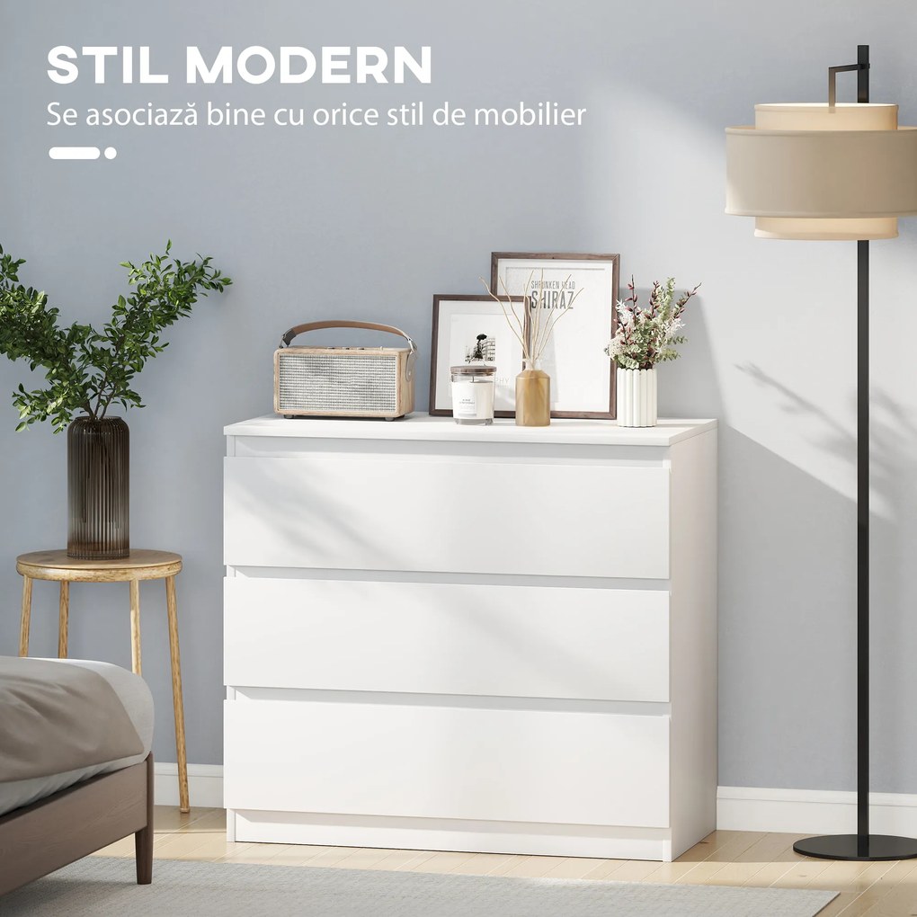 HOMCOM Comodă cu 3 Sertare Modernă fără Mânere pentru Dormitor și Sufragerie, 80x39x73 cm, Alb | Aosom Romania