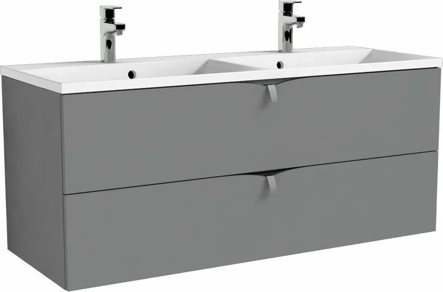 Set dulap baza suspendat gri Oristo Siena cu 2 sertare si lavoar din compozit Amelia 2 cuve 120 cm