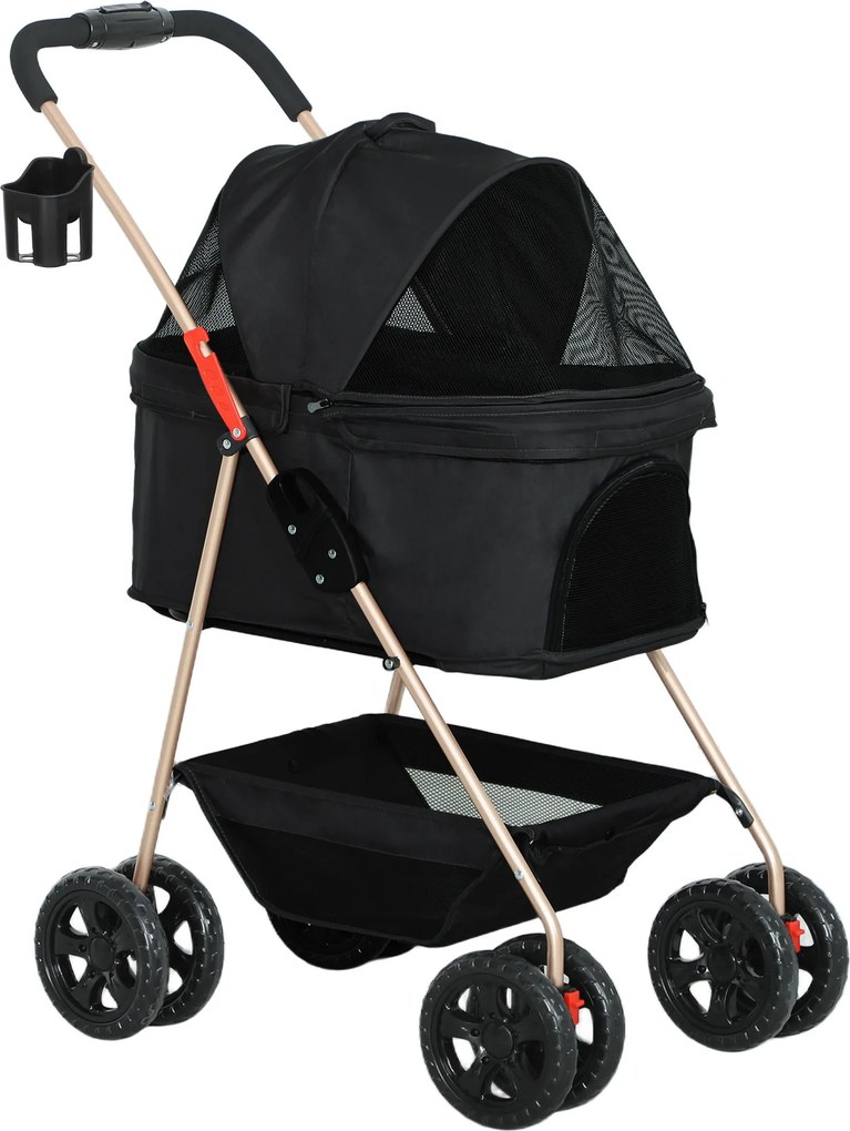 PawHut Cărucior pentru Animale de Companie 3 în 1 cu 4 Roți și Geantă de Transport Detașabilă, 76x50x102 cm, Negru | Aosom Romania