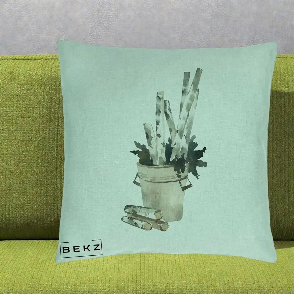 Perna Decorativa Butuci de Mesteacan Watercolor, 40x40 cm, Verde Menta, Husa Detasabila, Perna Inclusa, BEKZ®