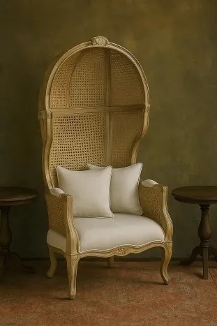 Fotoliu clasic francez, stil Louis XV–XVI, din lemn masiv și trestie naturală, 87x73x163 cm, Elora