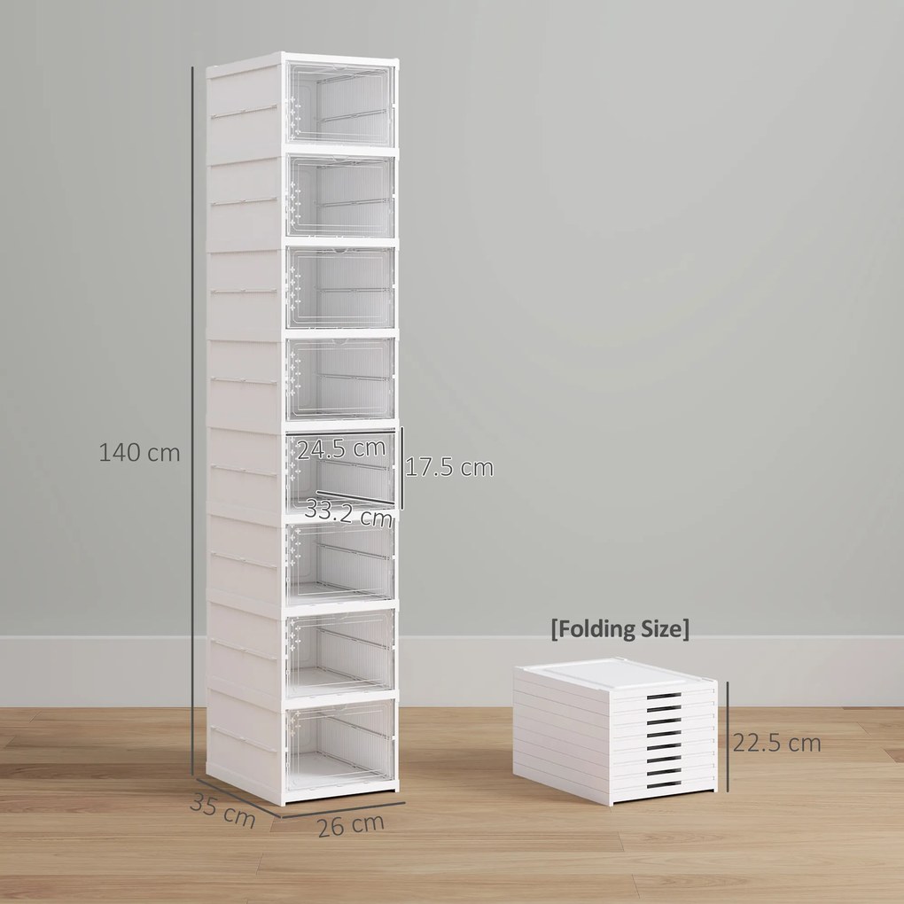 HOMCOM Dulap de Pantofi Modular cu 8 Cutii Stivuibile pentru Pantofi, 26x35x140 cm, Alb | Aosom Romania