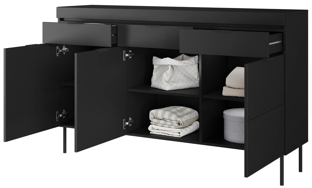 Comodă Sentia 157 cm cu trei uși și trei sertare - negru / negru