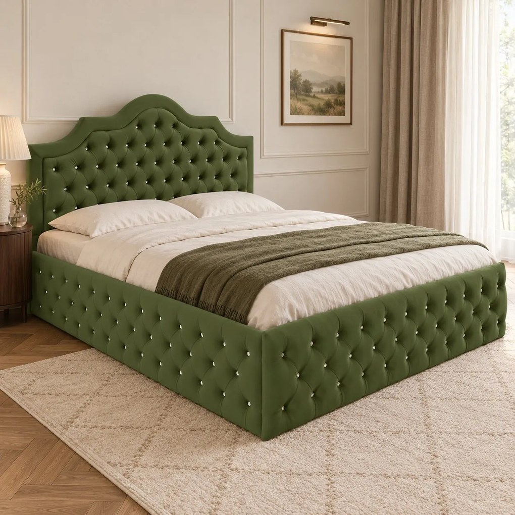 Pat tapițat Chesterfield din catifea Imperio Deluxe 140×200 cm, kaki, cu ladă de depozitare