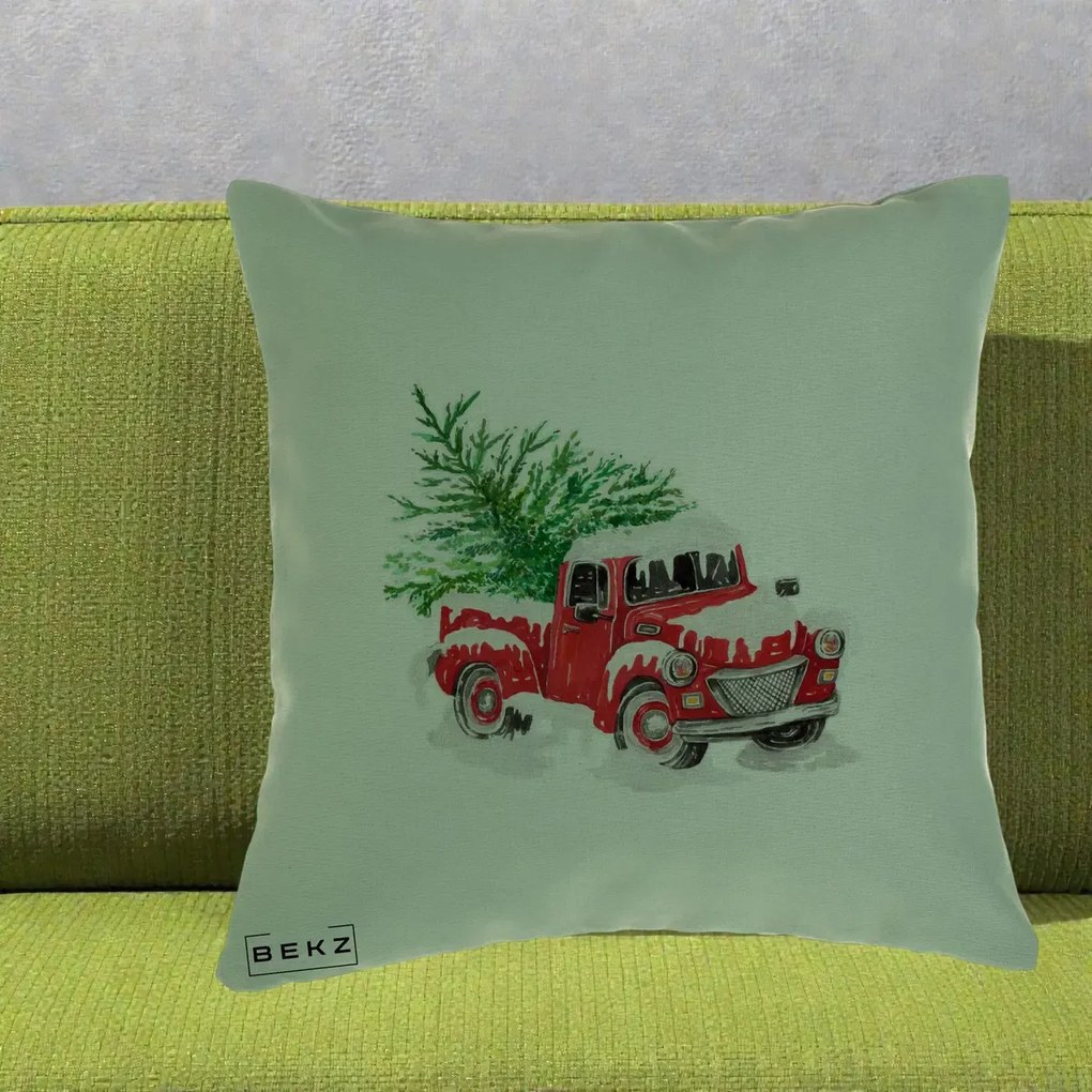 Perna Decorativa Camioneta Rosie Brad de Craciun, 40x40 cm, Verde, Husa Detasabila, Perna Inclusa, BEKZ®