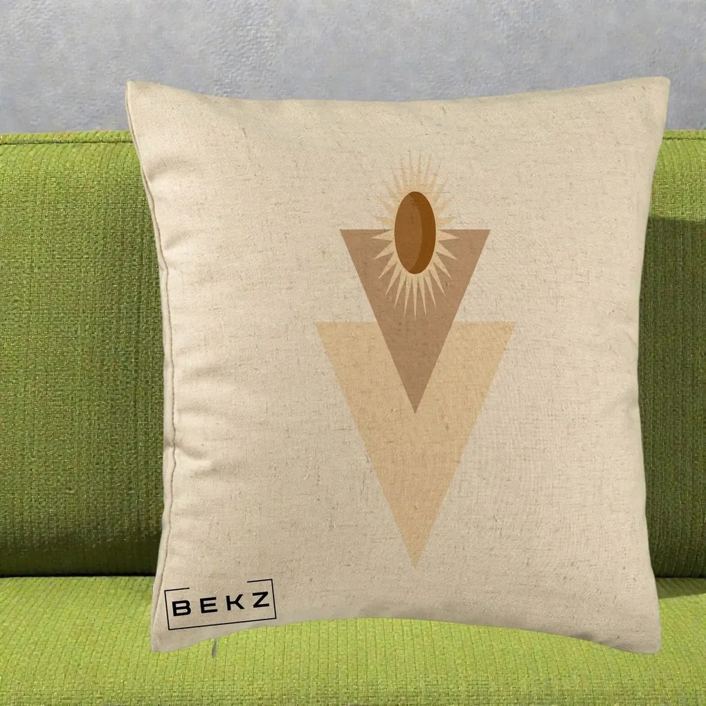 Perna Decorativa Boho Sun cu Triunghiuri Bej si Oval Solar, 40x40 cm, Bej, Husa Detasabila, Perna Inclusa, BEKZ®