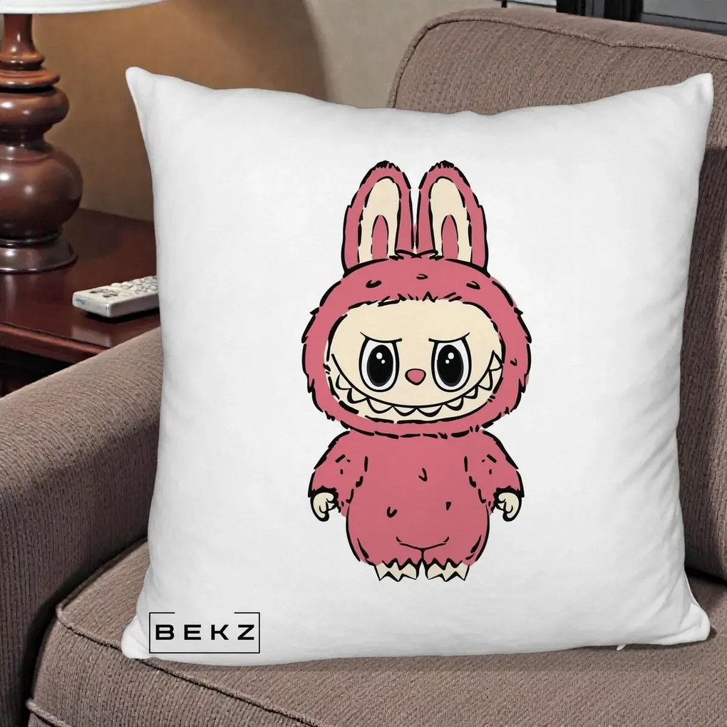 Perna Personalizata Labubu Roz Solo, 40x40 cm, Alb Pufos, Husa Detasabila, Perna Inclusa, BEKZ®