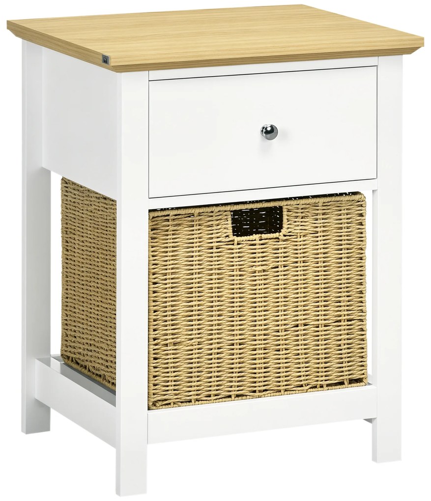HOMCOM Masă de Noapte cu Sertar și Coș din Răchită Pliabil Masă Auxiliară pentru Sufragerie Dormitor 49x39x64 cm Alb și Natural | Aosom Romania