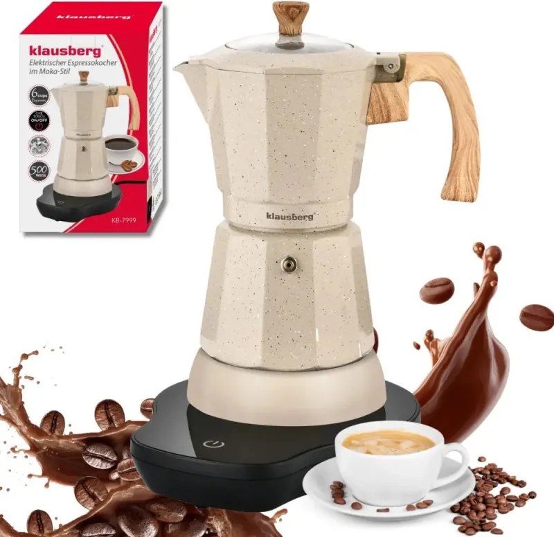 Aparat electric de cafea cubanez Klausberg KB 7999, 500 W, 6 cesti, Element de incalzire incorporat, Supapa de siguranta, Bej