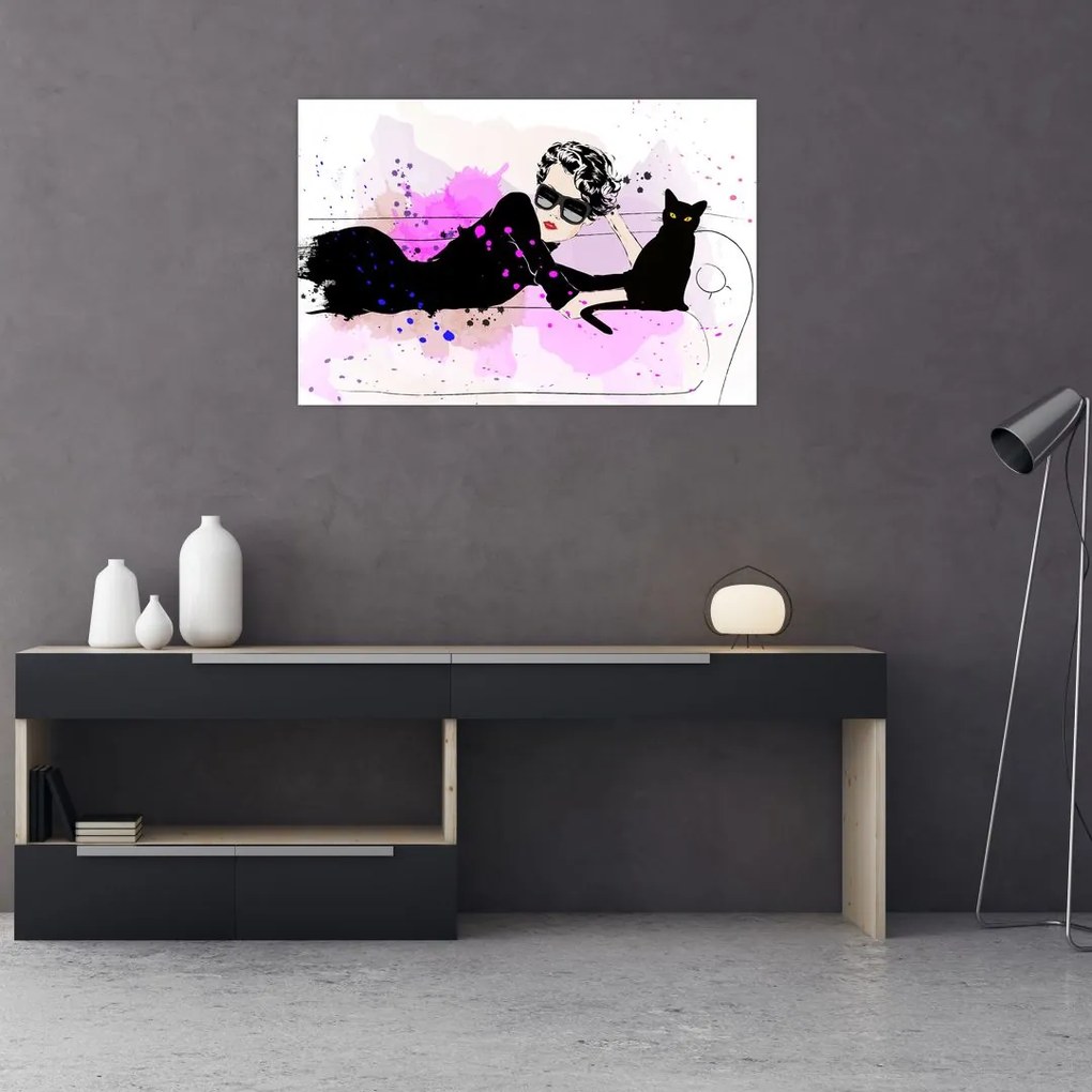 Tablou - Femeia cu pisică neagră (90x60 cm)