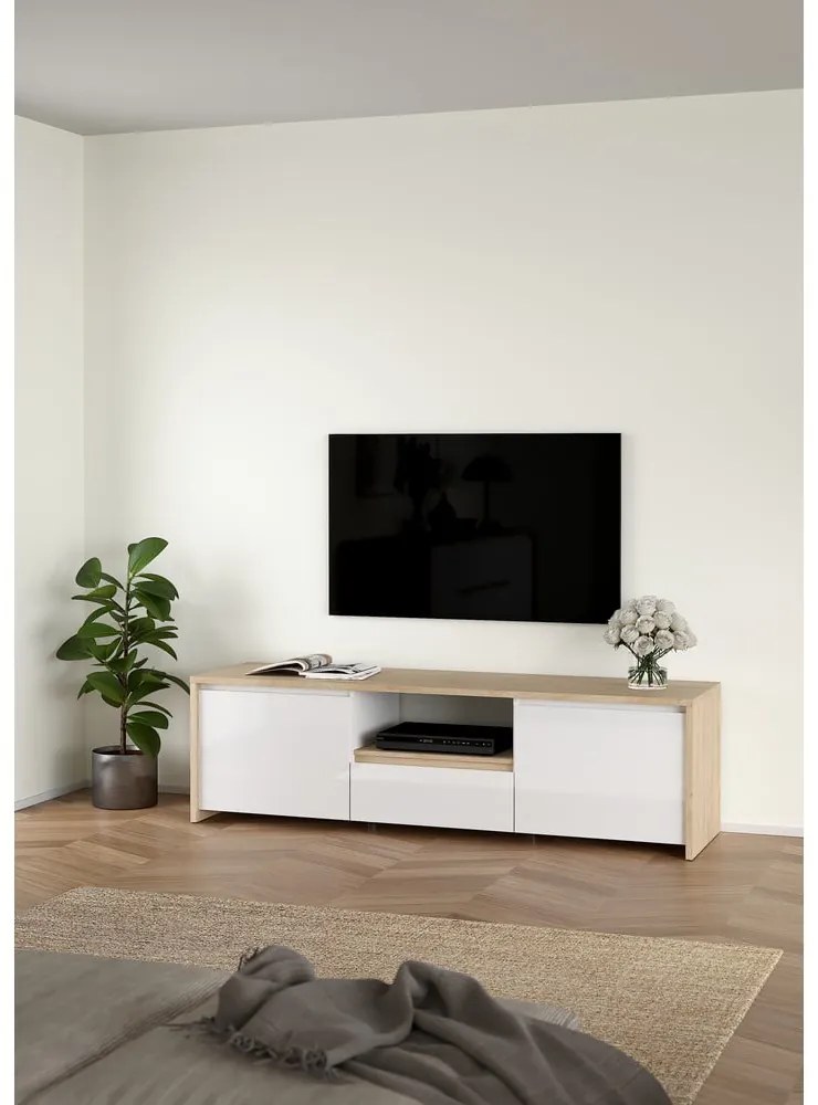 Comodă TV albă-în culoare naturală cu aspect de lemn de stejar 179x52x48 cm Next – Tvilum
