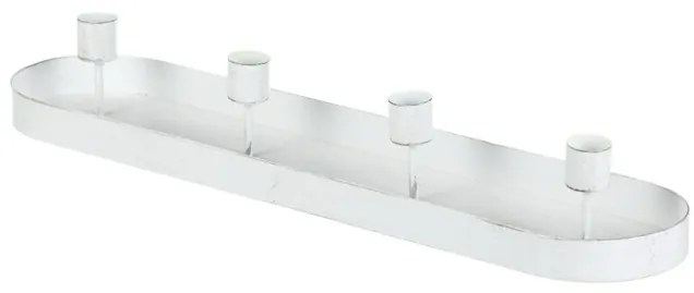 Sfeșnic metalic pentru 4 lumânări conice, oval,alb, 43 x 10 x 6 cm