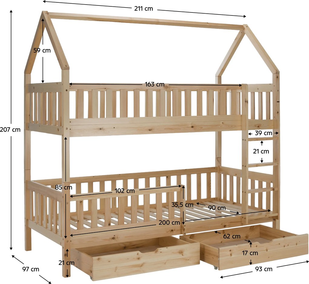Pat etajat pentru copii 90 cm Virtuoso (natural) (cu somieră) (cu sp. depozitare). 1116556