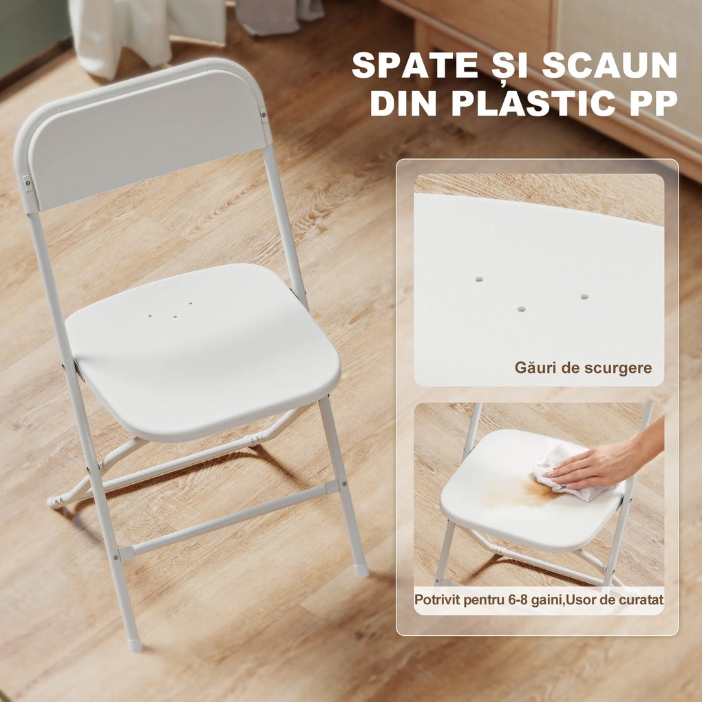 HOMCOM Set de 6 Scaune Pliabile din PP cu Orificii de Drenaj, Scaune Pliabile Salva-Spațiu Portabile din Oțel, Scaun Pliabil de Interior pentru Casă, Birou, Bucătărie, Evenimente, 45x49x79,5 cm, Alb | Aosom Romania