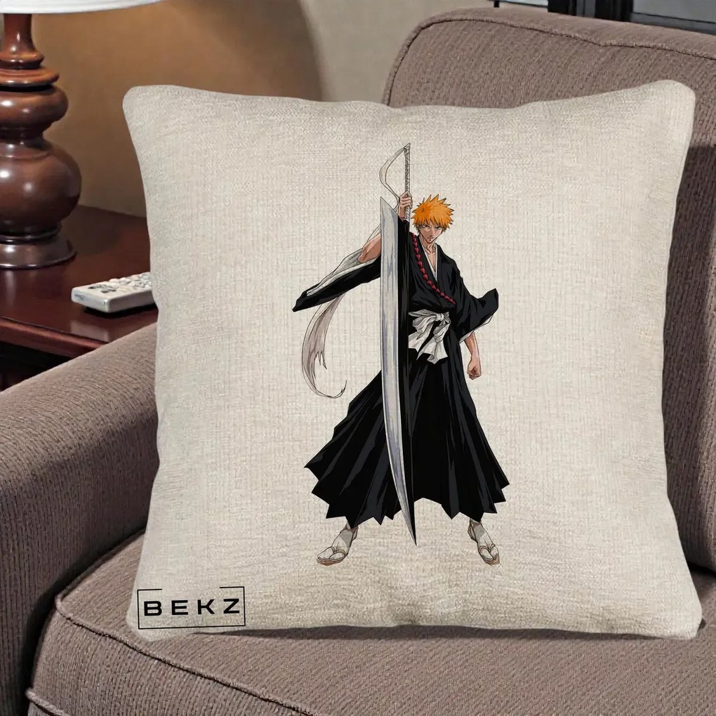 Perna Personalizata Bleach Ichigo Kurosaki Zangetsu, 40x40 cm, Bej Canapea, Husa Detasabila, Perna Inclusa, BEKZ®