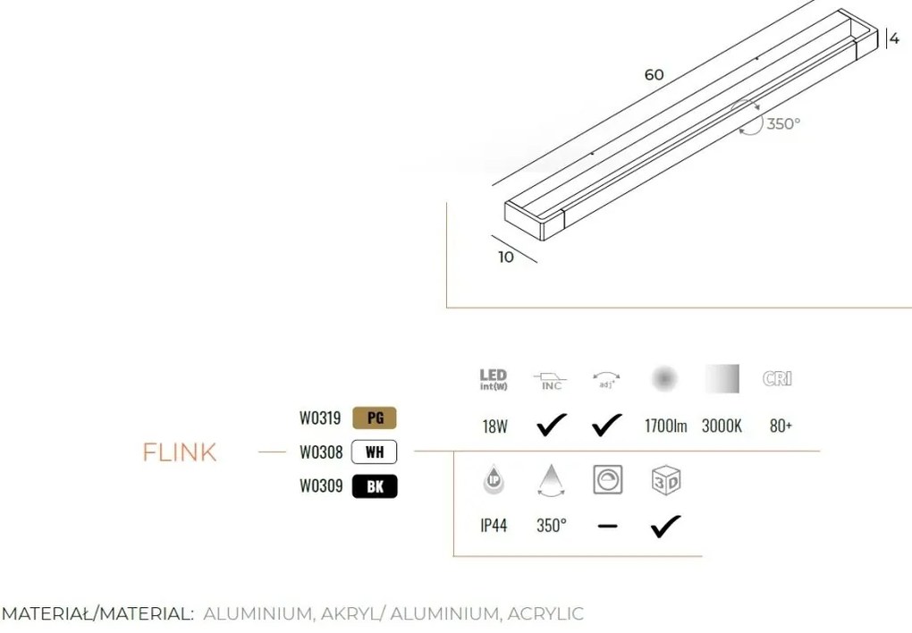 Aplica de perete baie cu protectie IP44, FLINK L-60cm, auriu