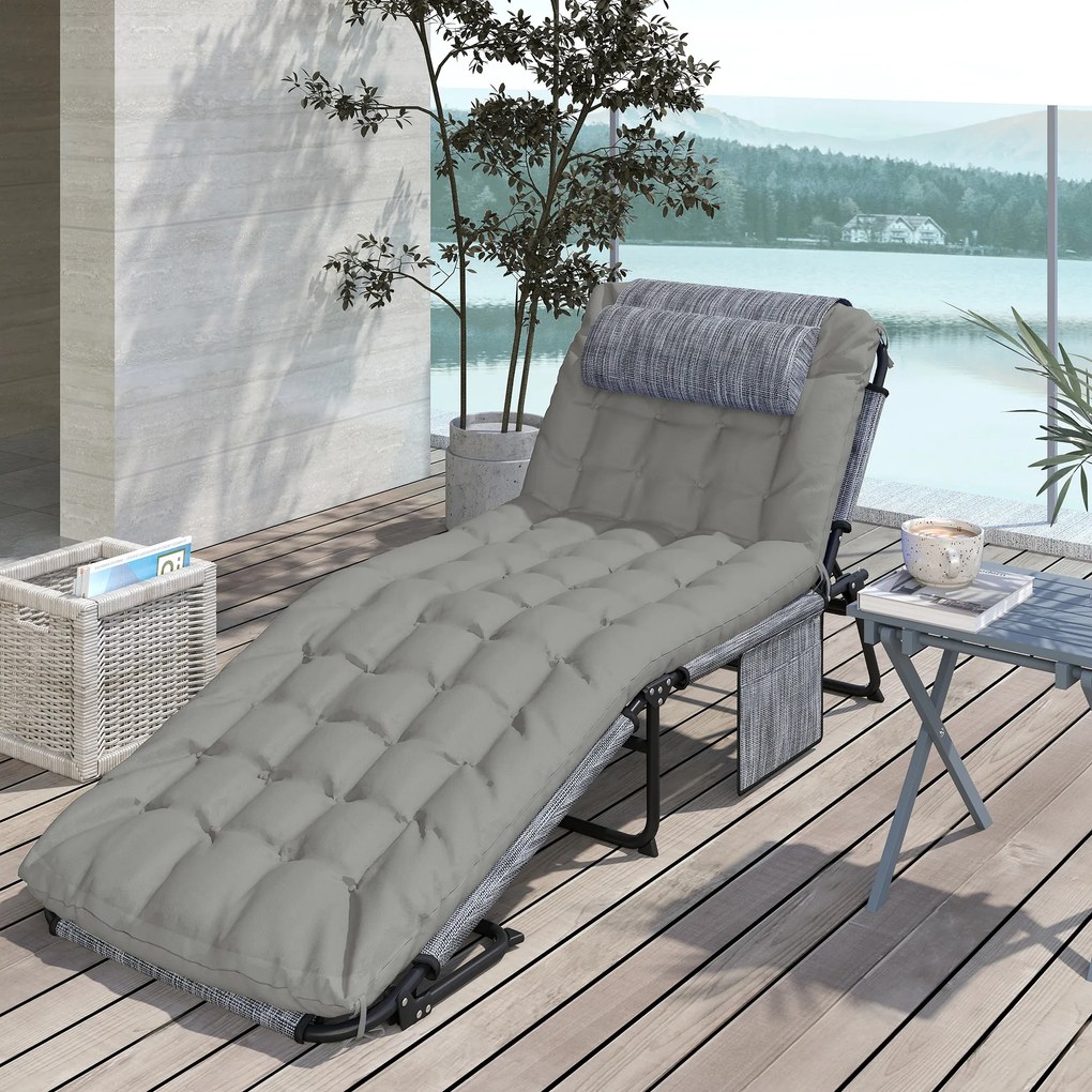 Outsunny Sezlong pliabil cu spatar inclinabil pe 4 nivele, Scaun de plaja pentru exterior cu perna, buzunar lateral,tetiera, Gri