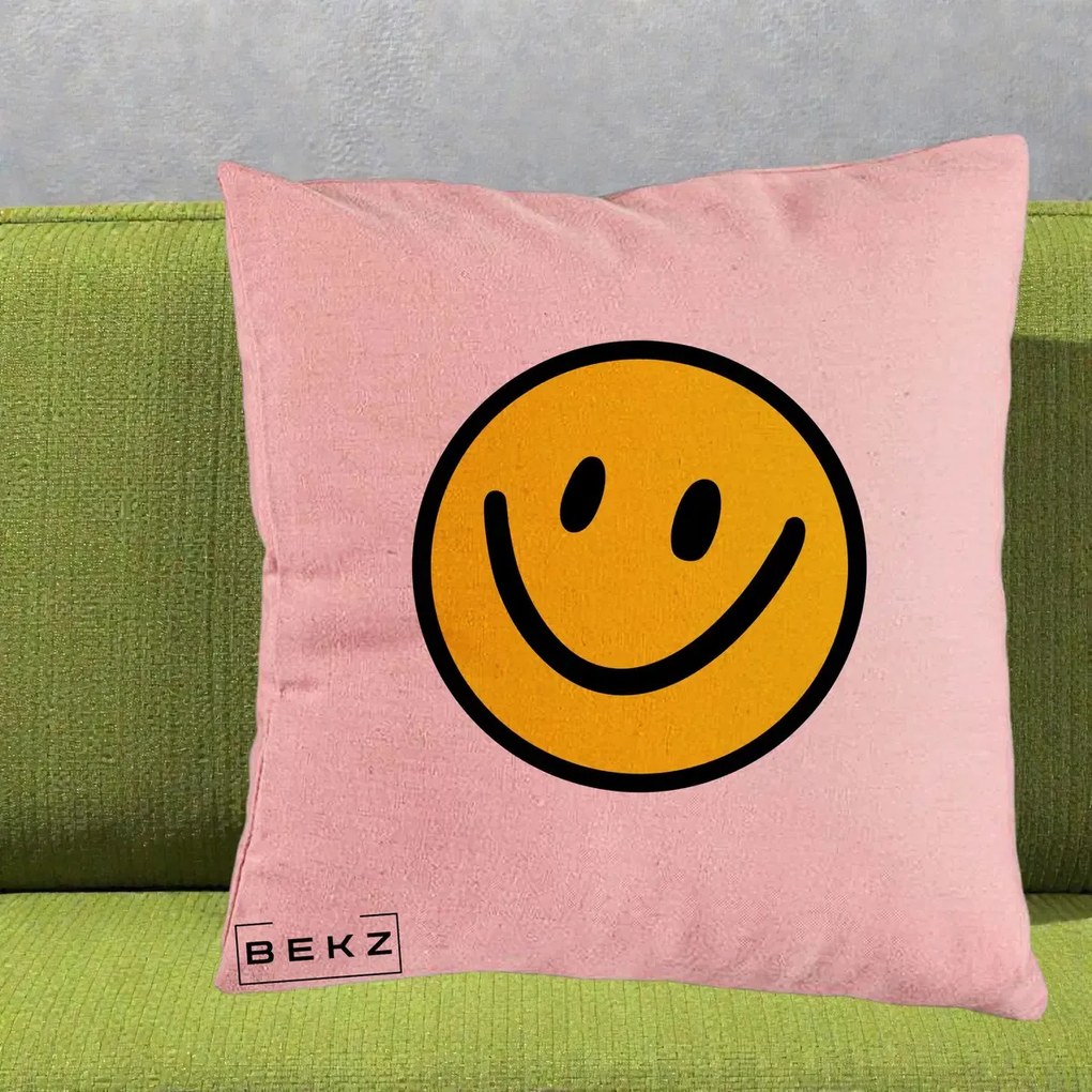 Perna Decorativa Smiley Face Galben Clasic, 40x40 cm, Roz, Husa Detasabila, Perna Inclusa, BEKZ®