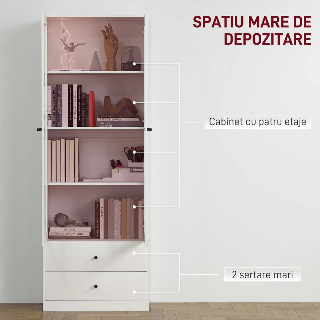 HOMCOM Dulap de Bucătărie cu Uși din Sticlă, 2 Sertare și Rafturi Reglabile Alb | Aosom Romania