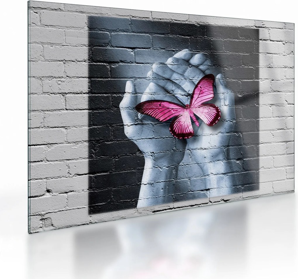 Tablou pe sticlă - Fluture roz în perete (70x50 cm)