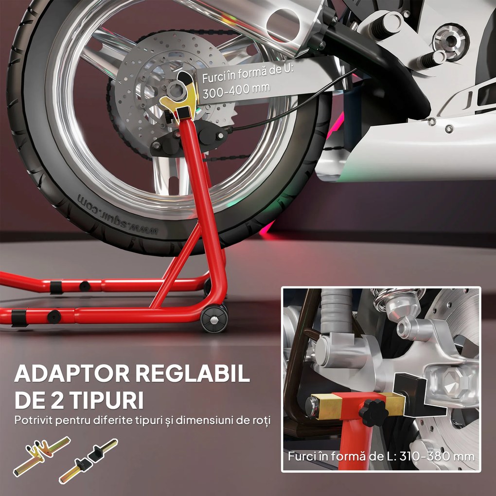 HOMCOM Stand pentru motociclete cu capacitate de 544 kg, cu furci reglabile și roți, Roșu | Aosom Romania