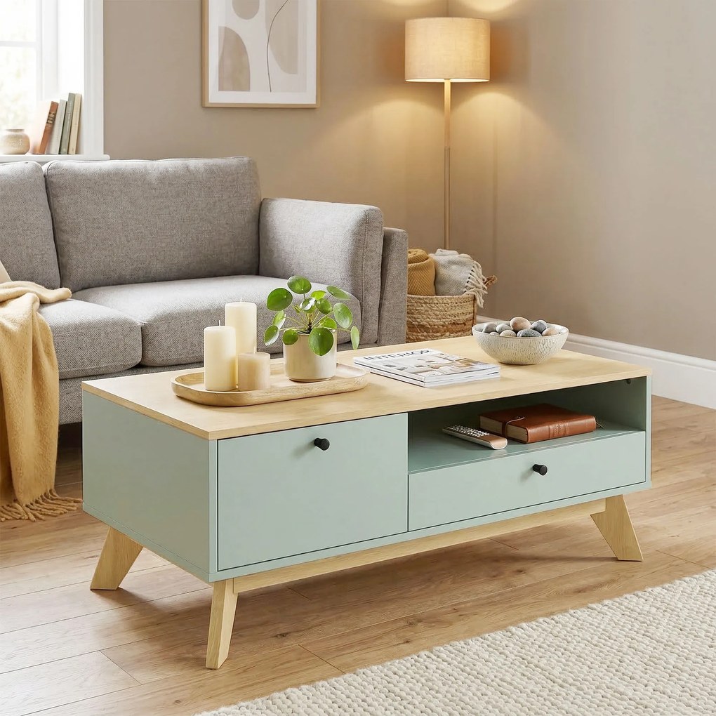 HOMCOM Masă de cafea pentru living, măsuță dreptunghiulară cu sertar, ușă și compartiment deschis, verde deschis și stejar | Aosom Romania
