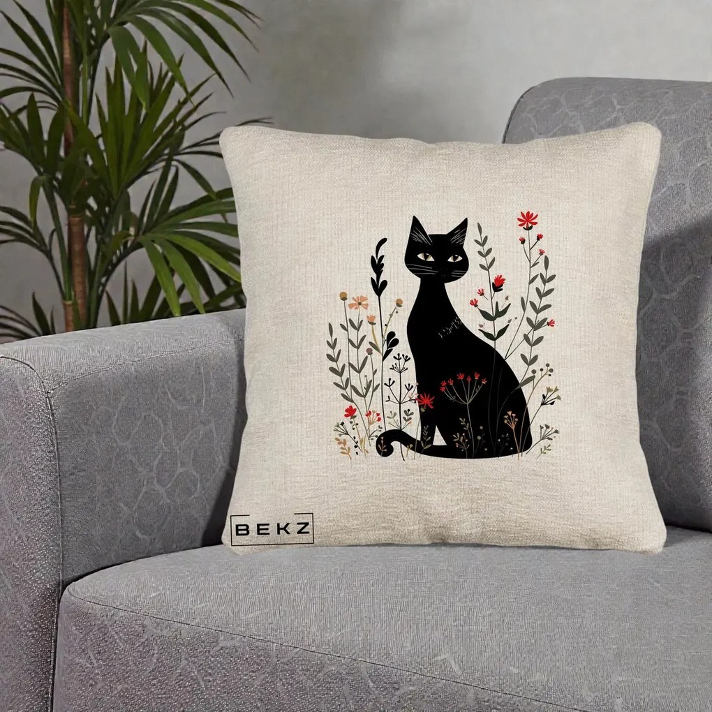 Perna Decorativa Pisica Neagra Botanica Rosu-Gri, 40x40 cm, Bej Canapea, Husa Detasabila, Perna Inclusa, BEKZ®