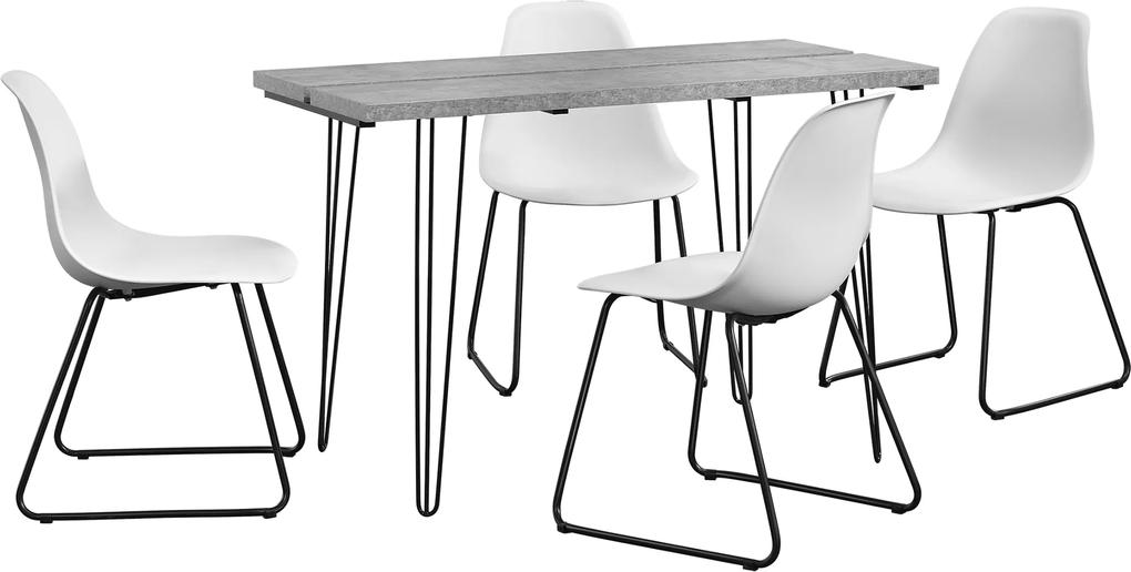 [en.casa]® Set Porto masa design bucatarie cu 4 scaune design, Model 2, MDF/otel/plastic,  83 x 46 x 52 cm, efect beton/alb