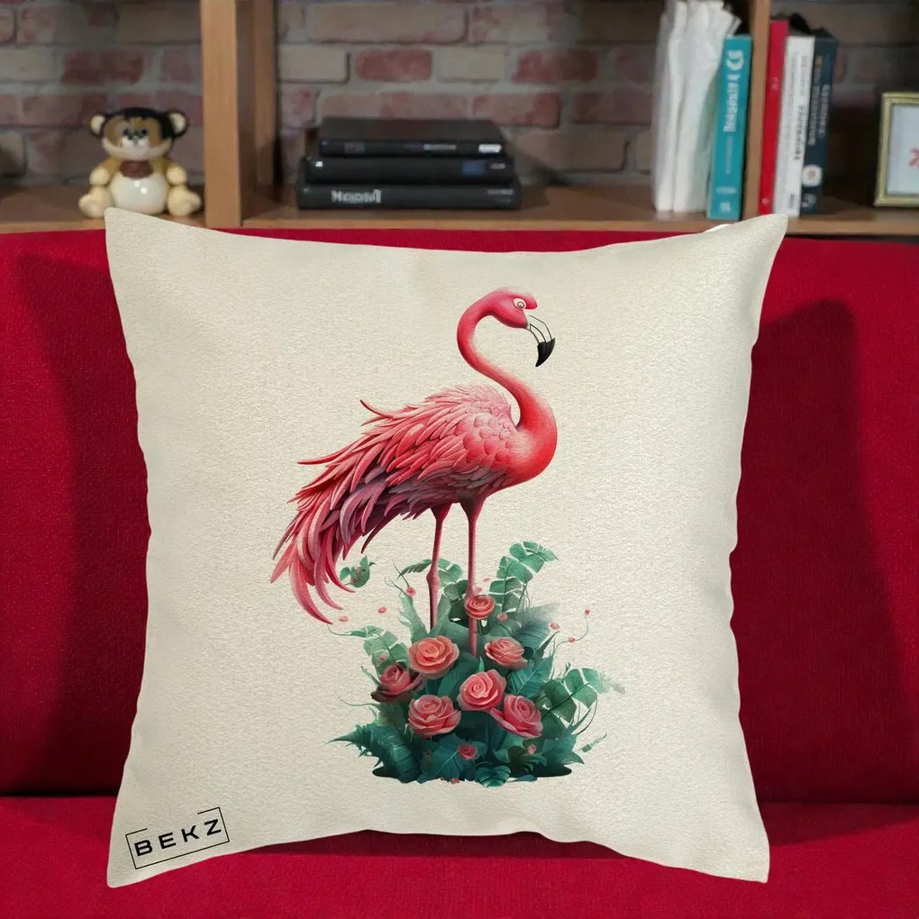 Perna Decorativa Flamingo cu Trandafiri Tropicali, 40x40 cm, Ecru, Husa Detasabila, Perna Inclusa, BEKZ®