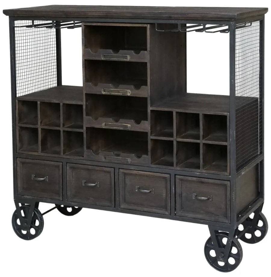 Consola tip bar, maro, din lemn masiv si metal, aspect industrial