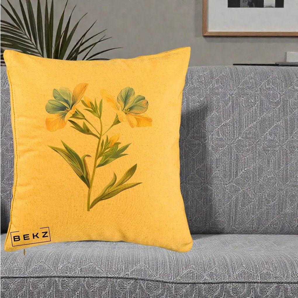 Perna Decorativa Botanica Frezie Galbena si Albastra, 40x40 cm, Galben, Husa Detasabila, Perna Inclusa, BEKZ®