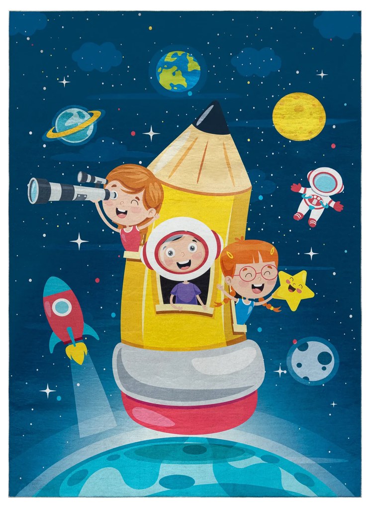 BAMBINO 42810 covor lavabil Rachetă, planete pentru copii anti-alunecare - albastru / maro