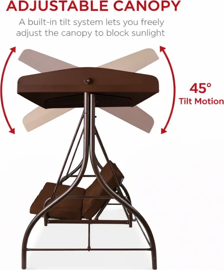 Leagan de grădină, șezlong tip pat, 3 locuri, copertina reglabila, cadru otel, 194x120x173 cm, Maro
