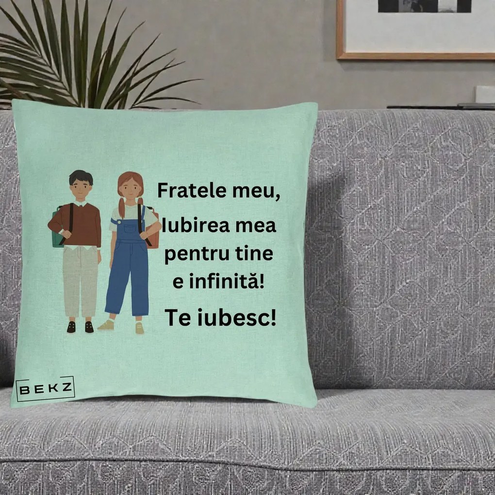 Cadou pentru Frate - Perna Personalizata Fratele Meu Te Iubesc Elevi Ilustratie Colorata, 40x40 cm, Verde Menta, Husa Detasabila, Perna Inclusa, BEKZ®