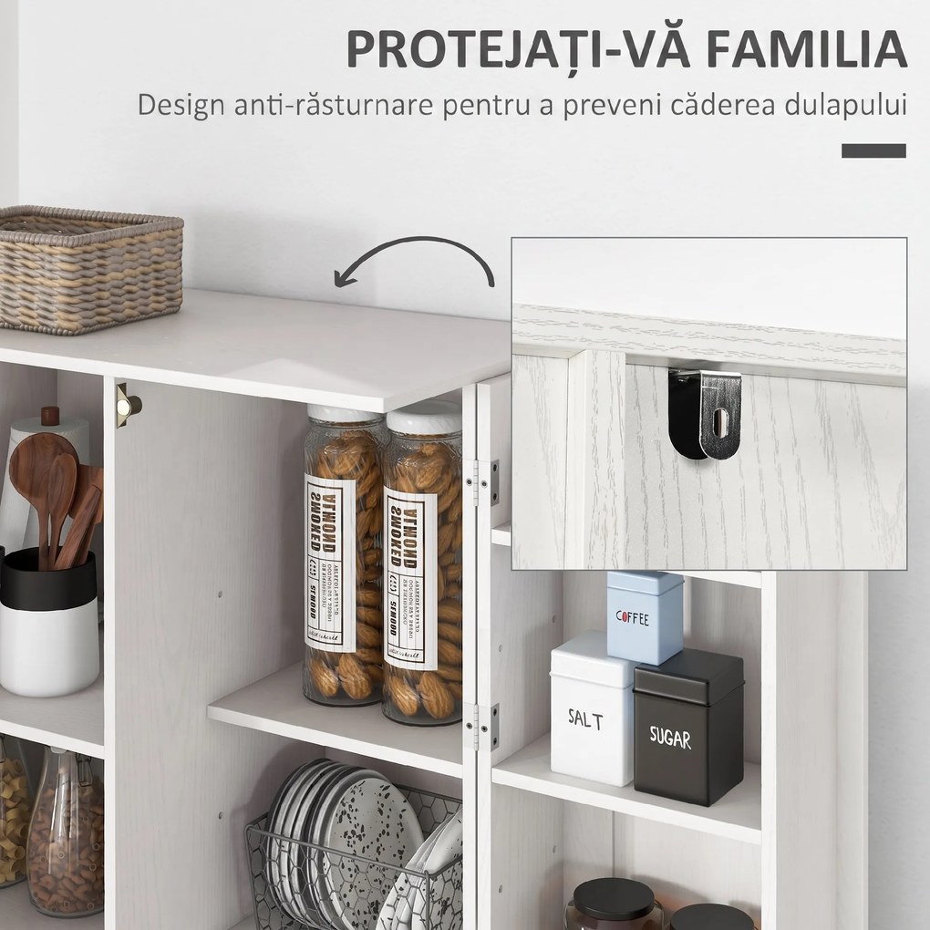 HOMCOM Dulap Cămară de Bucătărie Înalt, cu 2 Uși și Rafturi Reglabile, pentru Dining și Living, 80x43x160 cm, Alb cu Efect de Lemn | Aosom Romania