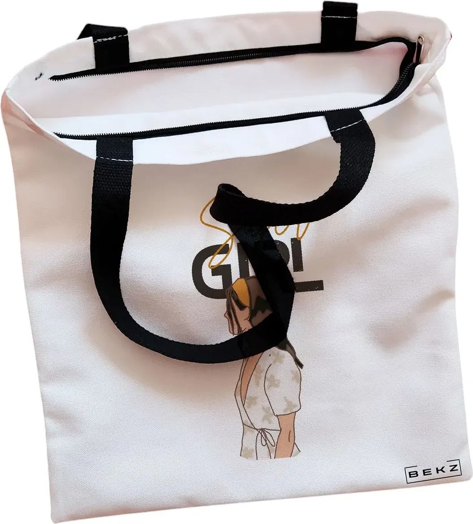 Sacosa de Panza pentru Cumparaturi, Geanta Tote, model Super Girl, Cu fermoar, 38x34.5 cm, Alba, BEKZ®