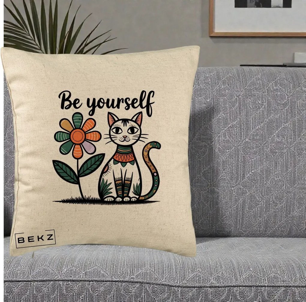 Perna Personalizata Be Yourself Pisica Folk, 40x40 cm, Bej, Husa Detasabila, Perna Inclusa, BEKZ®